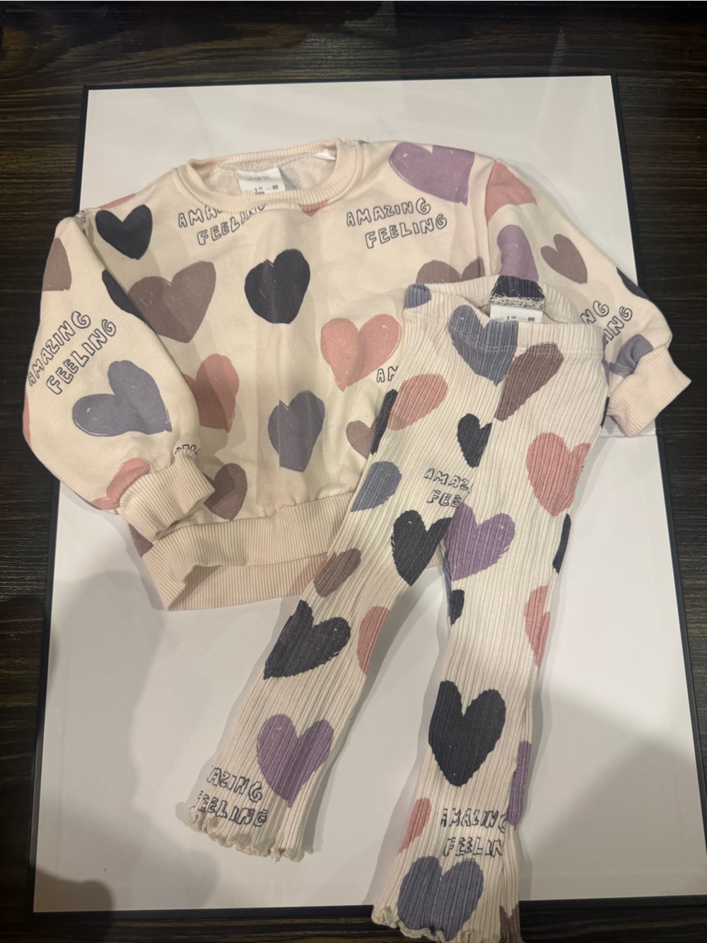 Zara Cream Sweatshirt with Black and Brown Heart Accents